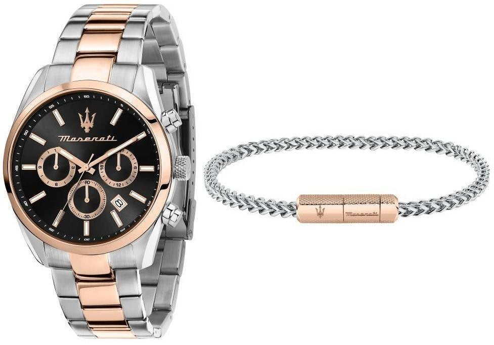 Maserati Attrazione Chronograph Two Tone Rostfritt Stål Svart Urtavla Quartz R8853151003 Presentset för herrklockor