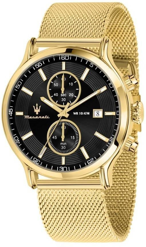 Maserati Epoca Chronograph Gold Tone Rostfritt Stål Mesh Svart Urtavla Quartz R8873618014 100M herrklocka