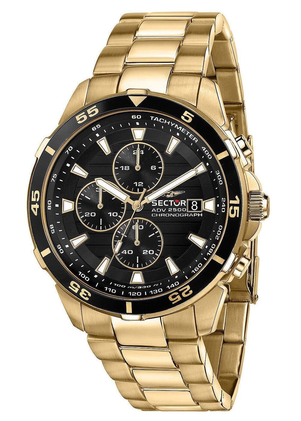 Sector ADV2500 Chronograph Gold Tone Rostfritt Stål Svart Urtavla Quartz R3273643008 100M herrklocka