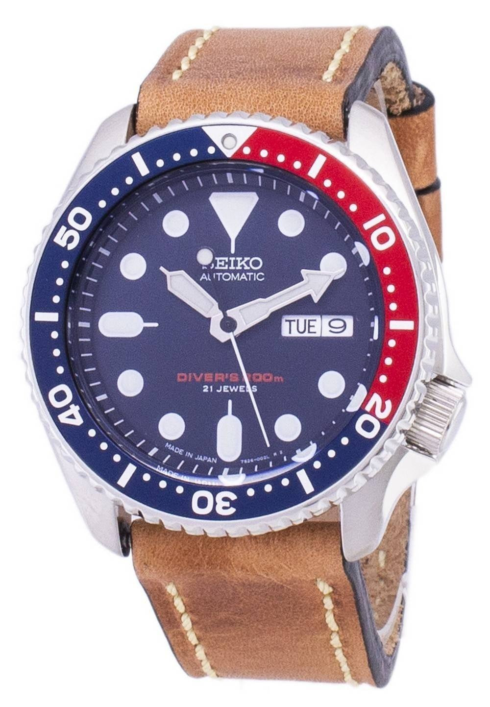 Seiko Automatic SKX009J1-var-LS17 Diver's 200M Japan-tillverkad brunt läderarmband herrklocka