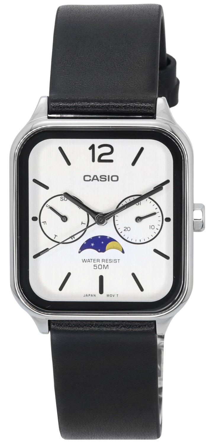 Casio Standard Analog Månfas Läderrem Vit Urtavla Quartz MTP-M305L-7A Herrklocka