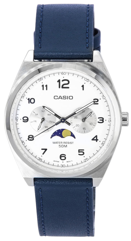 Casio standard analog månfas vit urtavla läderrem Quartz MTP-M300L-7A MTPM300L-7 herrklocka