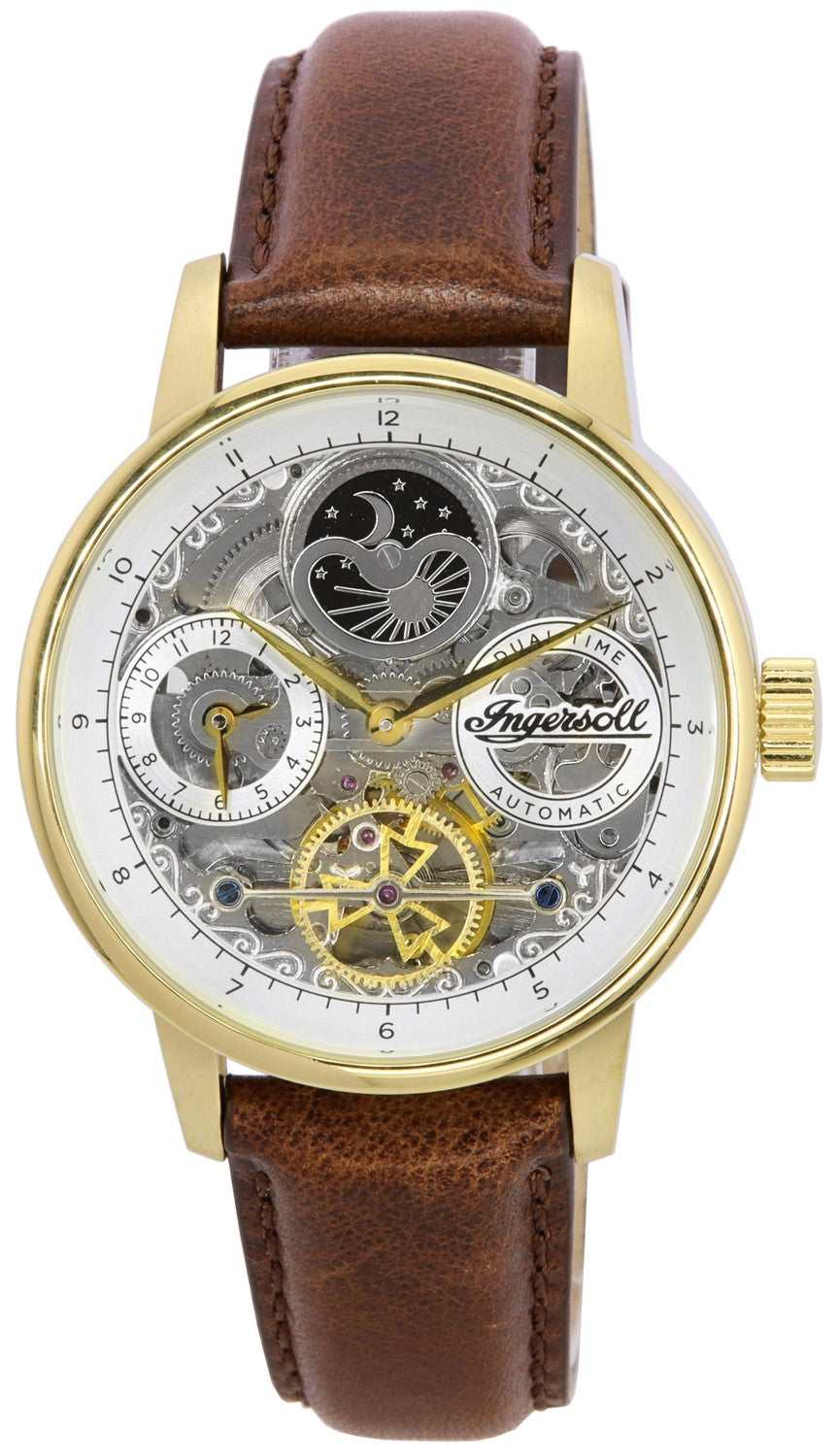 Ingersoll The Jazz Moon Phase Läderrem Skeleton Gold Dial Automatisk I07704 Herrklocka