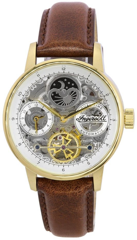 Ingersoll The Jazz Moon Phase Läderrem Skeleton Gold Dial Automatisk I07704 Herrklocka