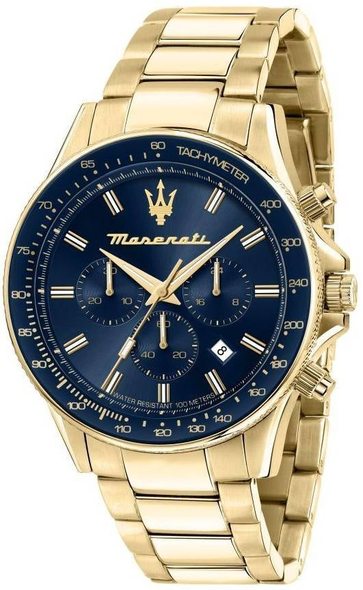 Maserati Sfida Chronograph Gold Tone Rostfritt stål Blue Dial Quartz R8873640008 100M herrklocka