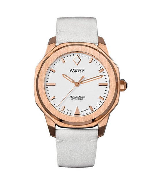 Nappey Renaissance Rose Gold And White Mocka Automatisk NY41-BD2M-3B2A 200M unisexklocka