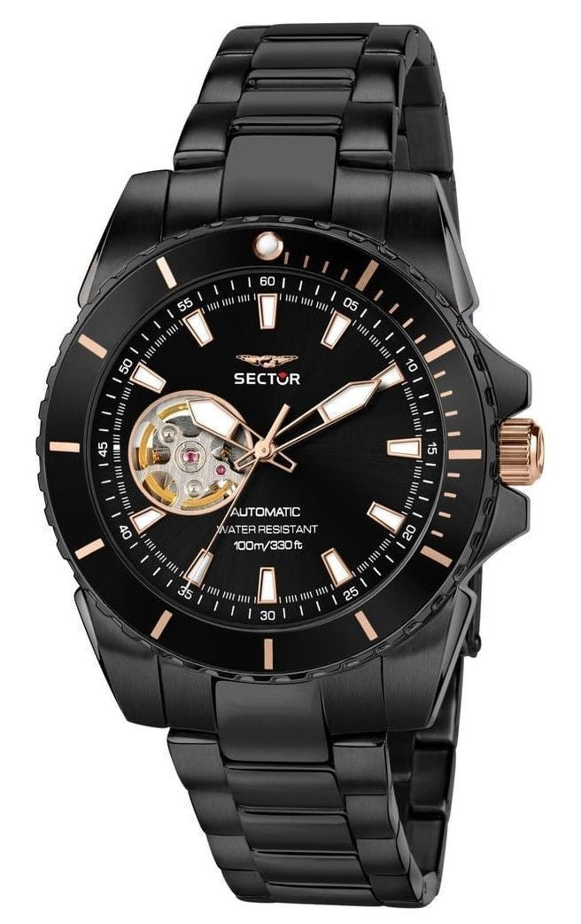 Sector 450 Automatico Rostfritt stål Öppet hjärta Svart Urtavla Automatisk R3223276002 100M herrklocka