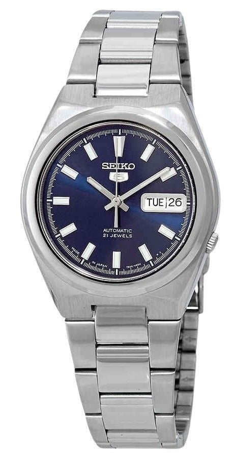 Seiko 5 datum-dag rostfritt stål blå urtavla 21 juveler automatisk SNKC51J1 herrklocka