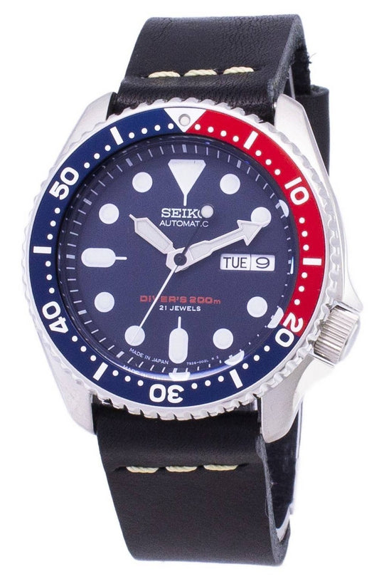 Seiko Automatic SKX009J1-var-LS14 Diver's 200M Japan-tillverkad svart läderrem herrklocka