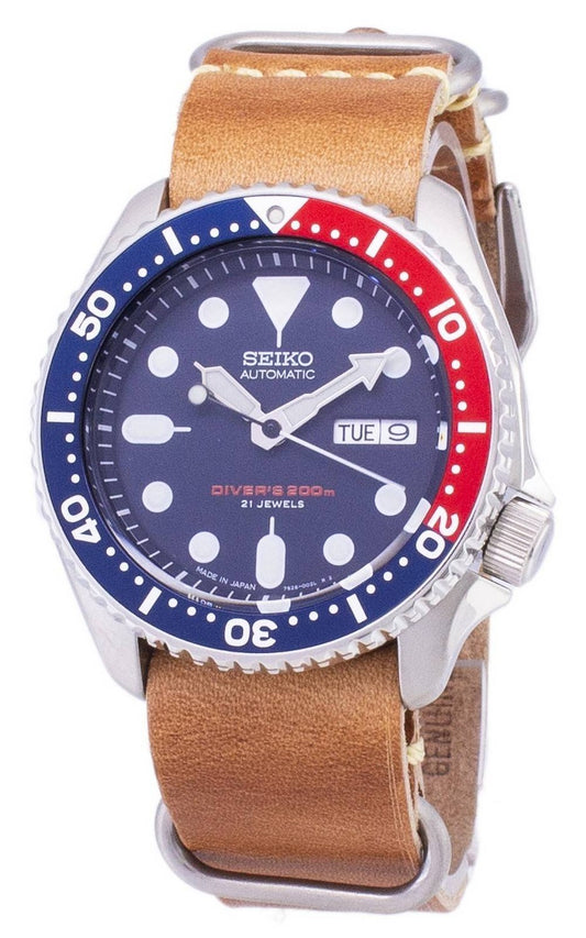 Seiko Automatic SKX009J1-var-LS18 Diver's 200M Japan-tillverkad brunt läderarmband herrklocka