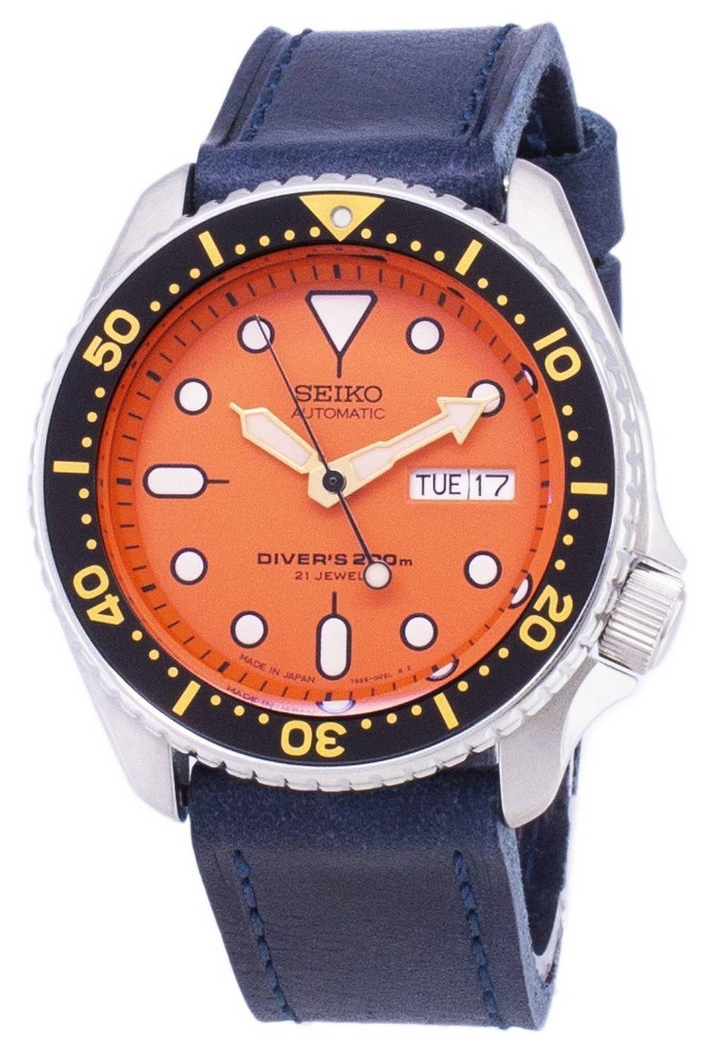 Seiko Automatic SKX011J1-var-LS13 Diver's 200M mörkblå läderrem herrklocka