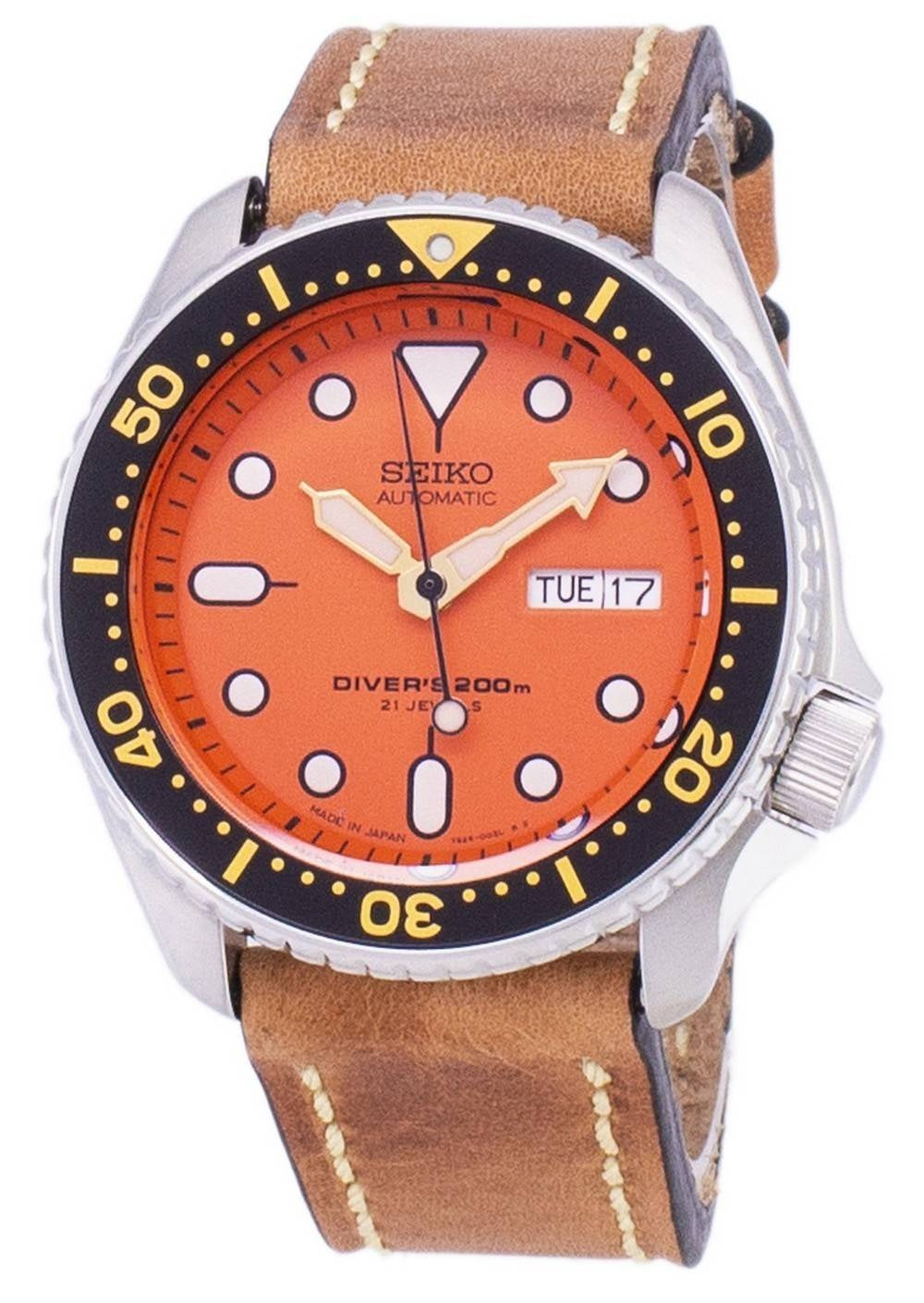 Seiko Automatic SKX011J1-var-LS17 Diver's 200M Japan-tillverkad brunt läderarmband herrklocka