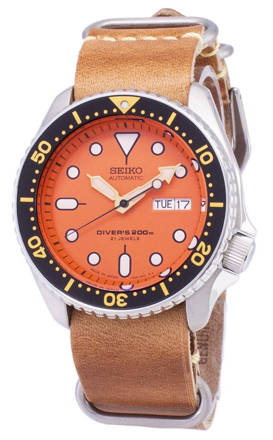 Seiko Automatic SKX011J1-var-LS18 Diver's 200M Japan-tillverkad brunt läderarmband herrklocka