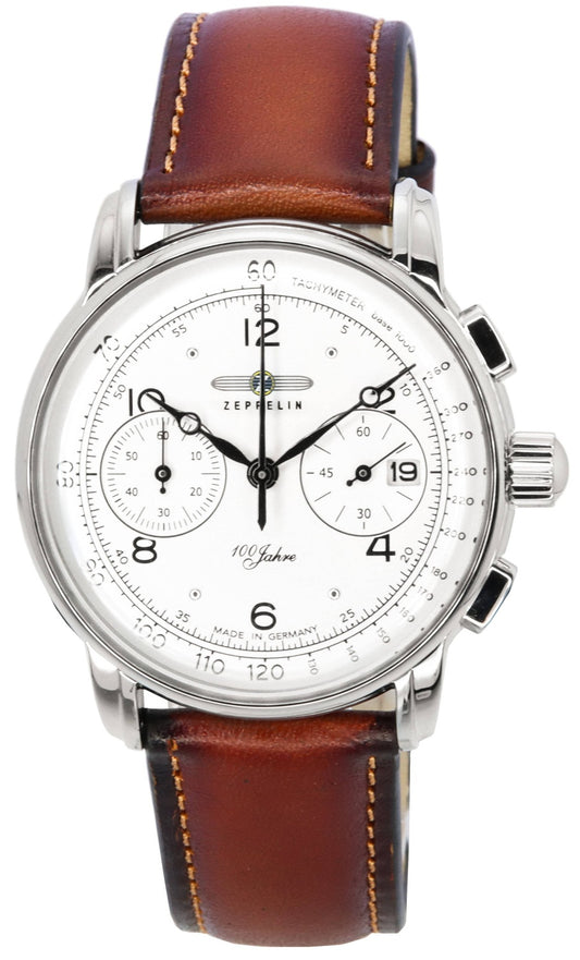 Zeppelin 100 Jahre Chronograph Läderrem White Dial Quartz 86761 Herrklocka