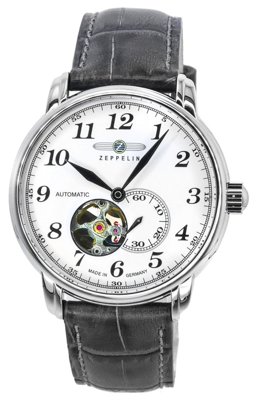Zeppelin LZ127 Graf Läderarmband Vit Öppen Hjärta Urtavla Automatisk 76661 Herrklocka